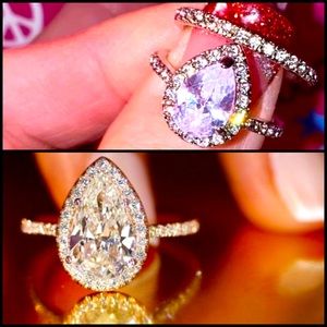 2 pc Pear Shaped Sterling Silver Diamond Engagement/Bridal Wedding Ring Set NEW